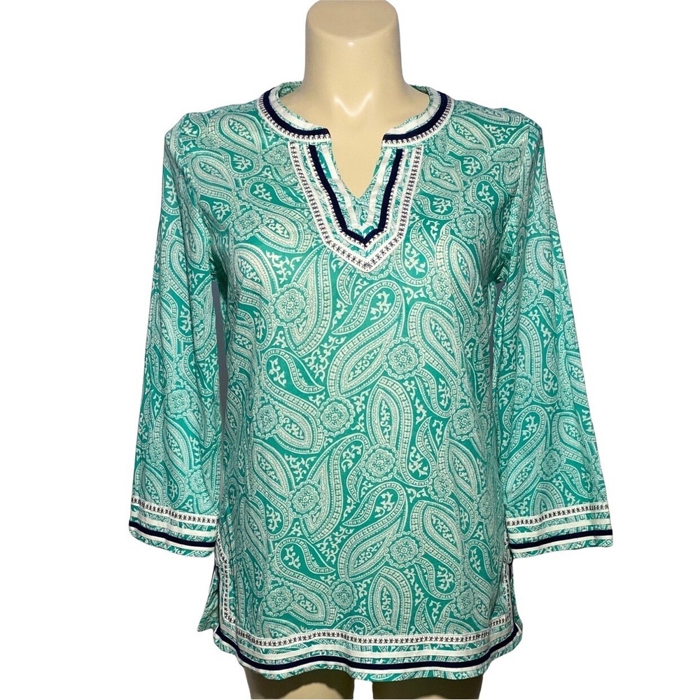 Talbots Tunic LARGE Green Paisley White Blue Trim 100% Cotton Side Slits Top